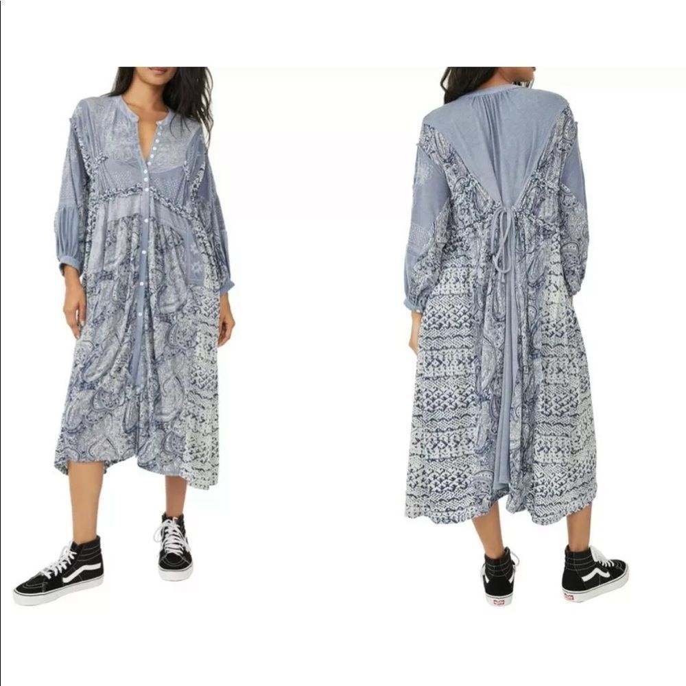 Free People Oh My Maxi Top Dress Duster Patchwork Piecing Indigo Button - Picture 4 of 6